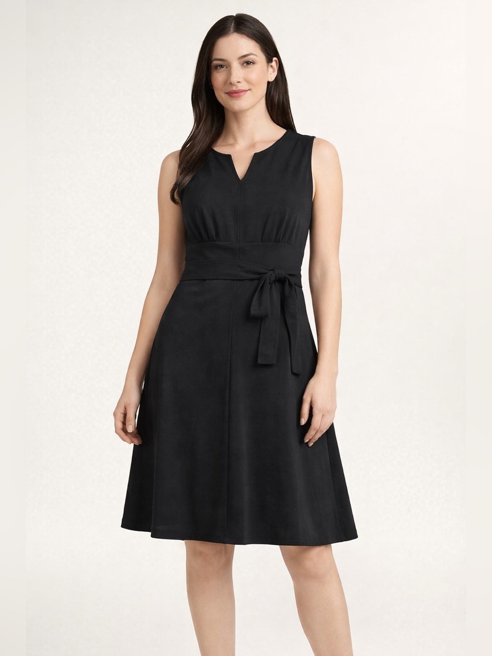 Lark & Ro Black Sleeveless Fit-and-Flare Midi Dress with Waist Tie